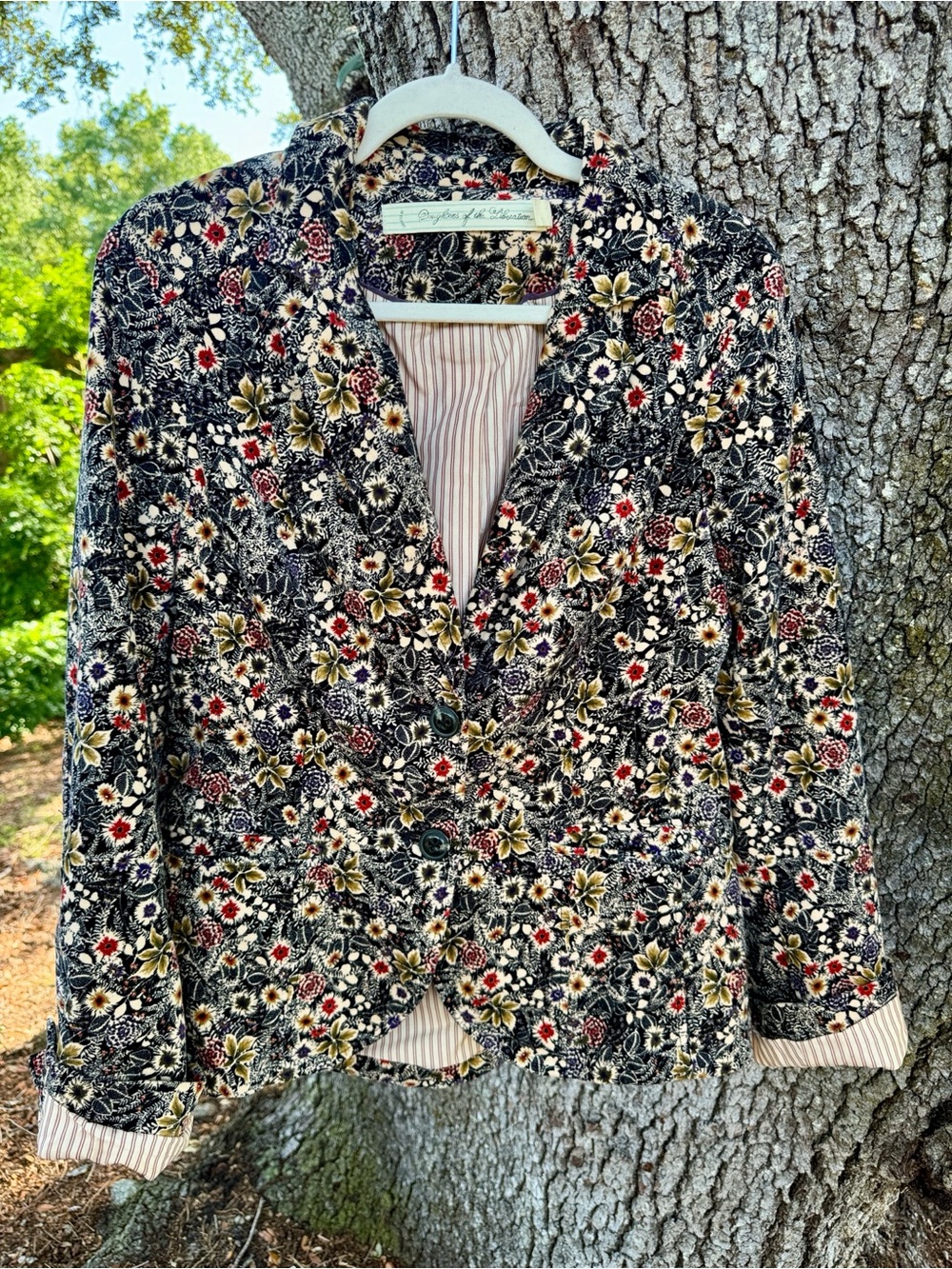 Anthropologie Velvet Floral Blazer  with Striped lining.Blue Cream Red.Size 12